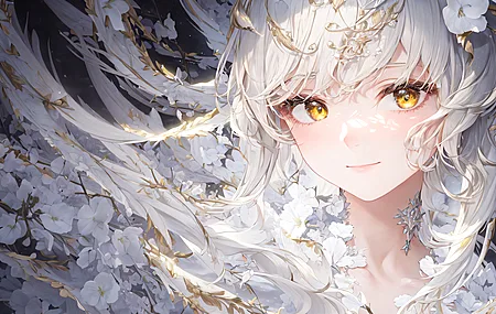 白发 长发 动漫 动漫女孩 黄眼睛 鲜花 白色衣服  电脑壁纸 4K壁纸