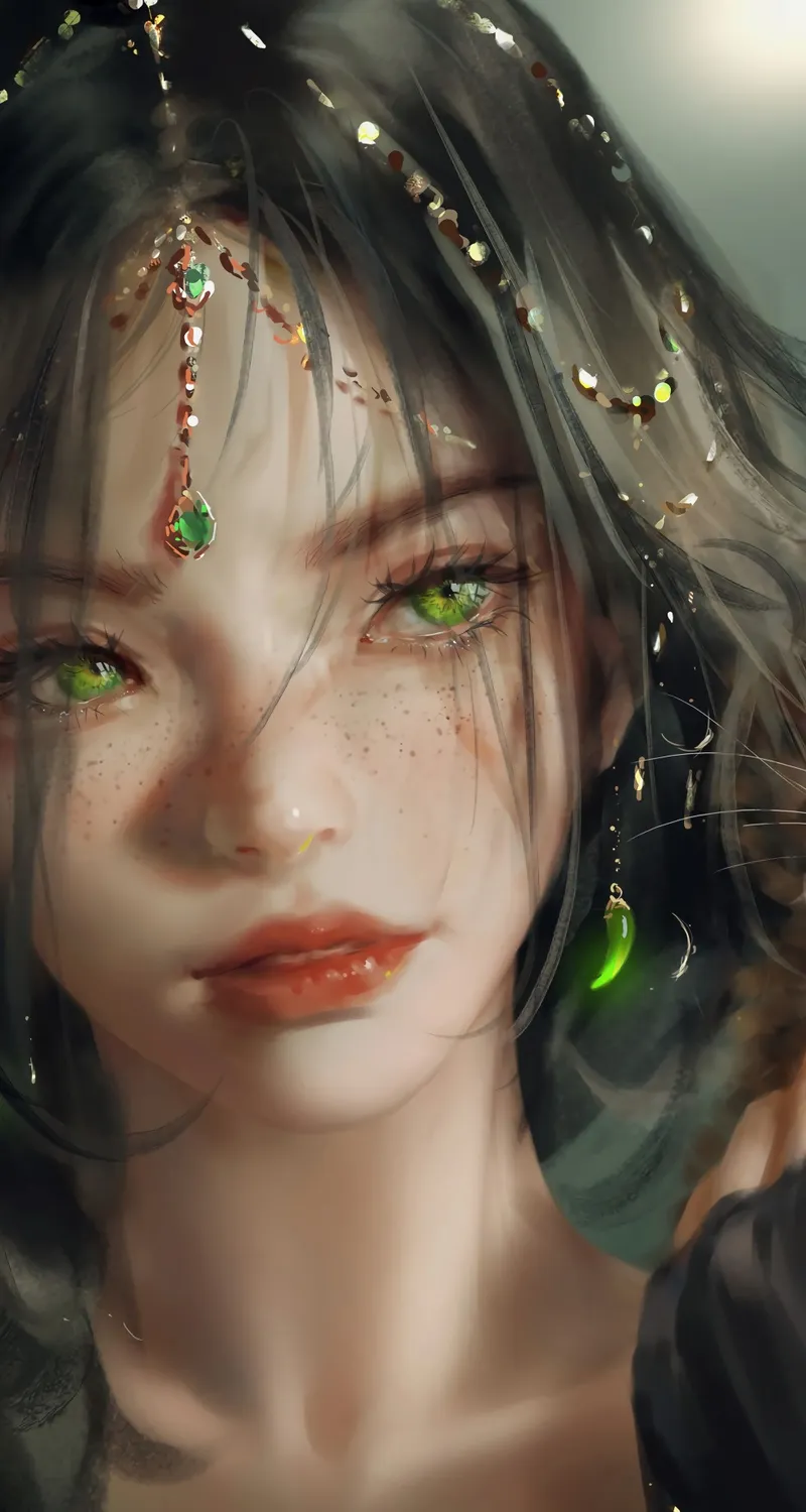 绿眼睛 女性 AI艺术 黑发  手机壁纸 8K壁纸