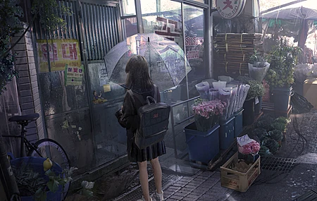 雨 花店 雨伞 电脑壁纸 4K壁纸