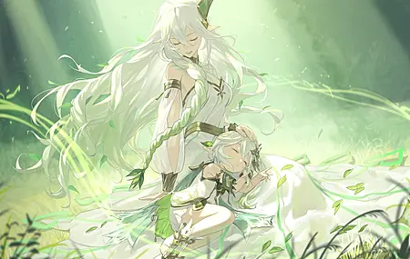 原神 白色连衣裙 兽耳 森林 原神 动漫女孩 草地 户外  电脑壁纸 4K壁纸