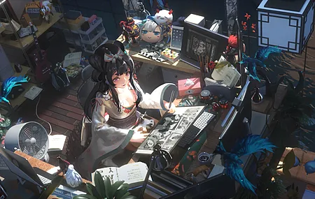  动漫 数码艺术 图片 肖像 高角 吉他 电脑 书籍 植物 黑发 动漫女孩  电脑壁纸 4K壁纸