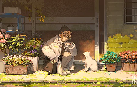 原创人物 蹲下 动漫女孩 猫耳朵 花 兽耳 猫  电脑壁纸 4K壁纸