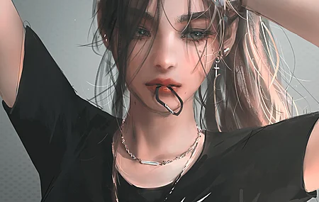 女人 深色头发 脸部 面部头发 长发 女式 特写 肖像 恤 黑色衣服  电脑壁纸 4K壁纸