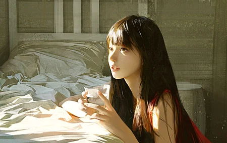  女人 长发 深色头发 亚洲人 目光远离 AI艺术 插图 绘画 床 房间 室内 阳光  电脑壁纸 4K壁纸