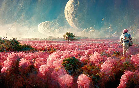宇航员 月球 空间 领域 绘画 人工智能艺术 树木 花卉 中途 开花 景观 行星  电脑壁纸 4K壁纸