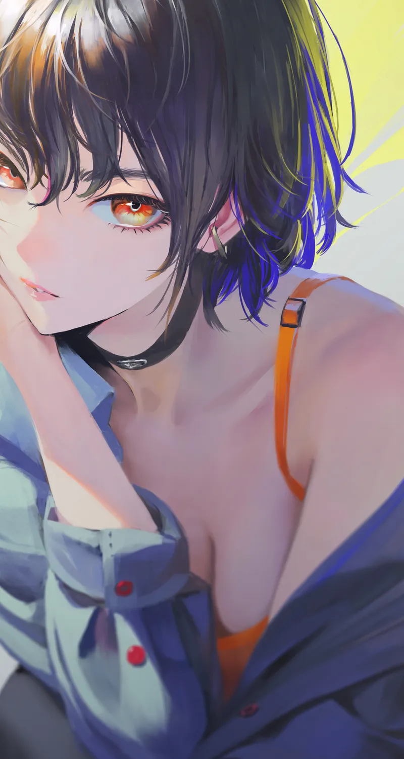 横山 短发 橙色眼睛 动漫 动漫女孩 AI艺术 黑发 手机壁纸 4K壁纸