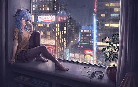 女人在室内 坐着 在室内 下雨 窗户 喇叭 城市灯光  电脑壁纸 4K壁纸
