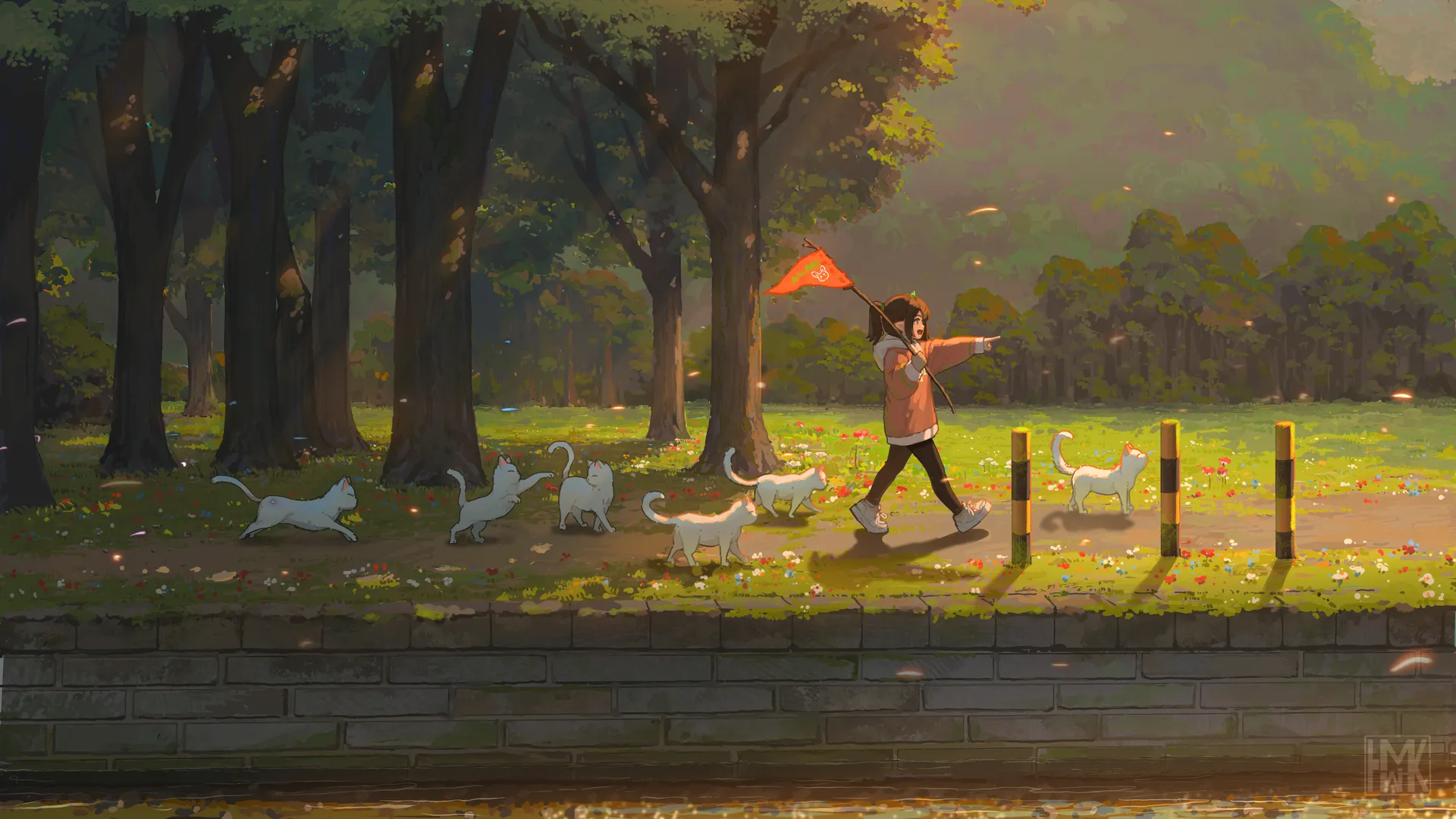 插图 动漫女孩 猫 自然 森林 兽耳 旗帜 动物 树木  电脑壁纸 4K壁纸