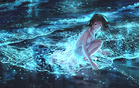 黑发 微笑 赤脚 海滩 动漫 动漫女孩 连衣裙 太阳裙  电脑壁纸 4K壁纸