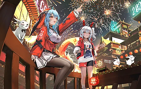 新年 烟花 灯笼 中国新年 动漫女孩 城市灯光  电脑壁纸 4K壁纸