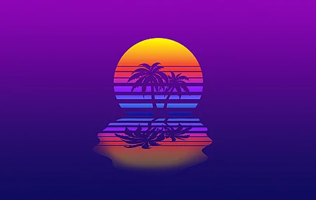 日落 逆波 合成波 复古主题 复古风格 AI艺术 简单背景 棕榈树 反射  电脑壁纸 4K壁纸