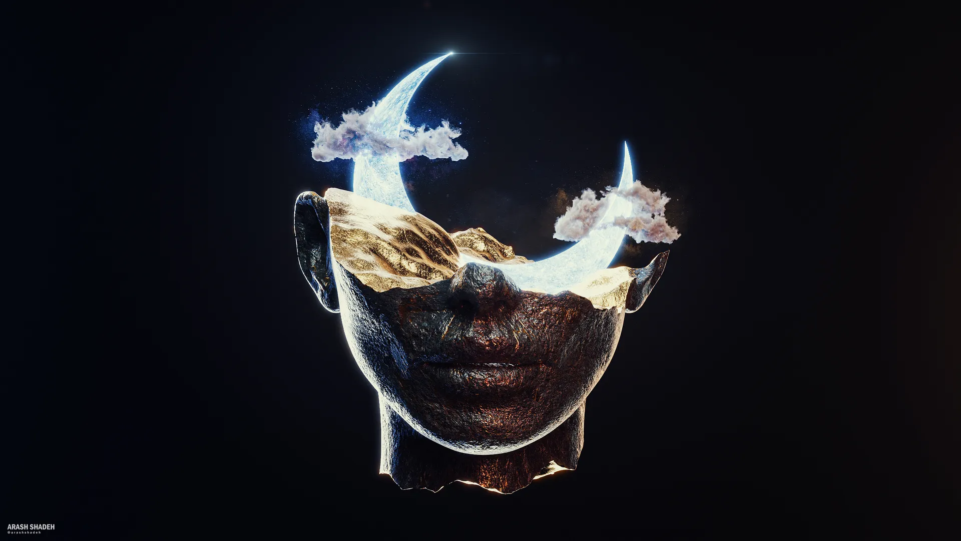图片 月亮 AI艺术 云 石头 黄金 空间 阿拉什沙德  电脑壁纸 4K壁纸