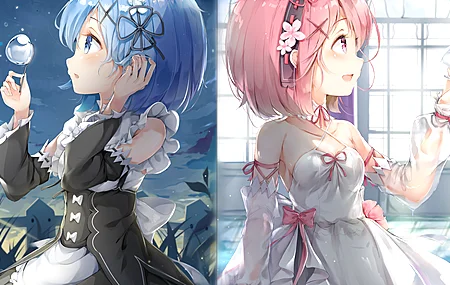 蓝头发 粉色头发 短发 动漫女孩 连衣裙 女佣服装  电脑壁纸 4K壁纸