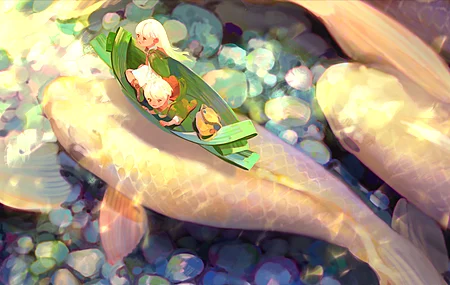 金发 长发 短发 动漫 动漫女孩 动漫男孩 鱼 背包 奇幻艺术 砾石 水 船  电脑壁纸 4K壁纸