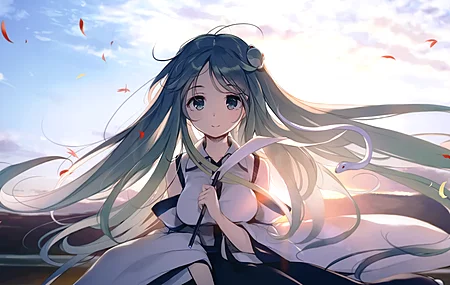 蓝头发 长发 蓝眼睛 奇幻女孩 动漫 动漫女孩 连衣裙 天空 奇幻艺术 土豆  电脑壁纸 4K壁纸