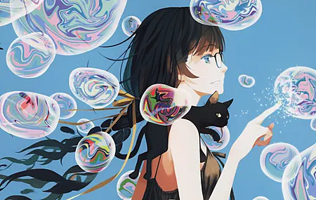  黑发 蓝眼睛  动漫女孩 猫 眼镜  电脑壁纸 4K壁纸