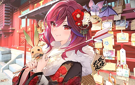  红发 红眼 动漫 动漫女孩 美术作品 虚拟 新年 服装 玫瑰  电脑壁纸 4K壁纸