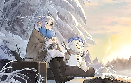 望向别处 妇女户外 坐 雪 动漫女孩 尖耳朵 电脑壁纸 4K壁纸