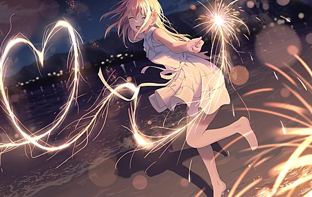 长发 闭着眼睛 单腿站立 白色连衣裙 天空 烟花 连衣裙 夜晚 电脑壁纸 4K壁纸