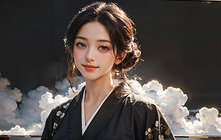 女人 看着观众 微笑 发髻 亚洲 黑色服装 AI艺术 黑发 电脑壁纸 4K壁纸