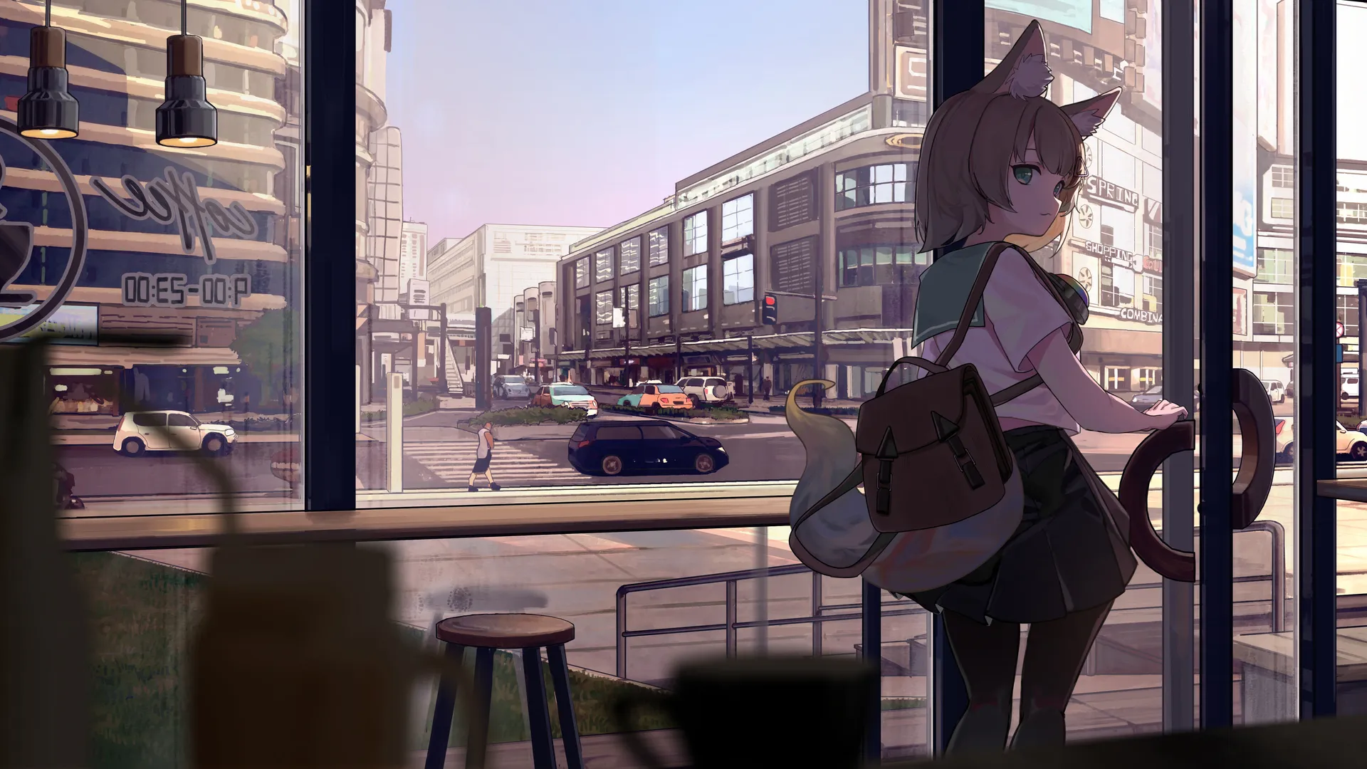 猫咪女孩 看着观众 短发 金发 蓝眼睛 动漫 动漫女孩 车 阳光  电脑壁纸 4K壁纸