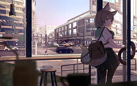 猫咪女孩 看着观众 短发 金发 蓝眼睛 动漫 动漫女孩 车 阳光  电脑壁纸 4K壁纸