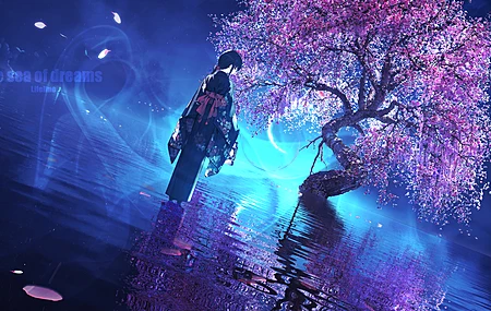 和服 花瓣 倒影 树木 黑发 回顾 极简主义 电脑壁纸 4K壁纸