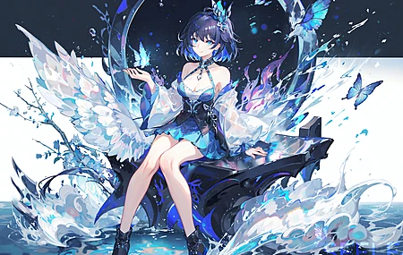 微笑 动漫 动漫女孩 蝴蝶 水 迷你裙 昆虫 简单的背景 褶边 树枝 鲜花 电脑壁纸 4K壁纸