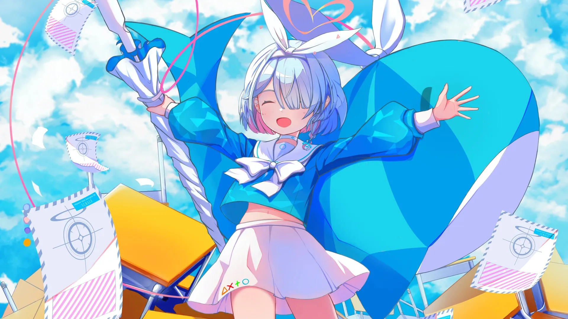 短发 闭着眼睛 张开嘴巴 女学生 动漫 动漫女孩 蓝色档案 双色头发 电脑壁纸 4K壁纸