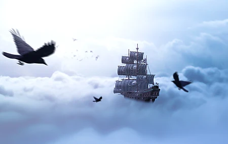 海盗船 船 奇幻鸟 奇幻船 云 帆船 骷髅 乌鸦 电脑壁纸 4K壁纸