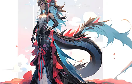 动漫女孩 龙女 数字艺术 双色调头发 极简主义 简单背景 喇叭 龙角 连衣裙 头发里的花 电脑壁纸 4K壁纸