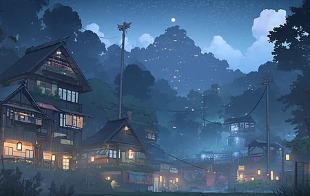 AI艺术 村庄 夜晚 建筑 云 树 叶 灯 电脑壁纸 4K壁纸