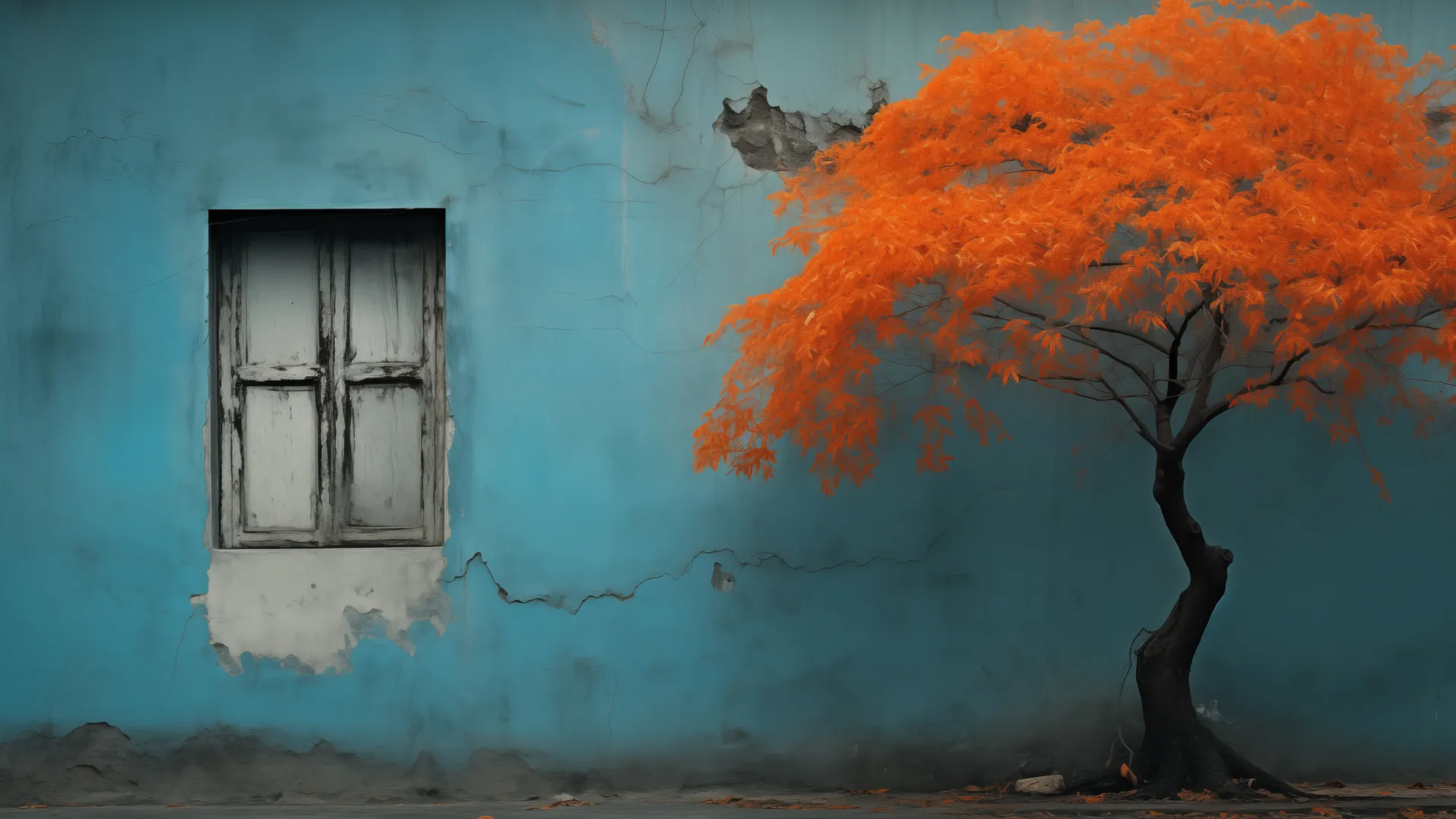 AI艺术 树木 窗户 橙色 青绿色 树叶 绘画 数字艺术 电脑壁纸 4K壁纸