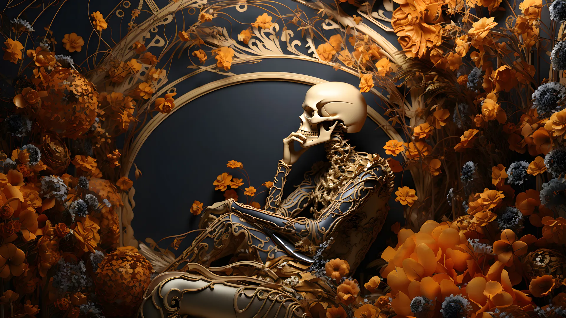 AI艺术 头骨 鲜花 数字艺术 骨骼 电脑壁纸 4K壁纸