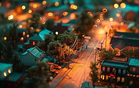AI艺术 五颜六色 倾斜 城市灯光 高角 街道 模糊背景 树木 电脑壁纸 4K壁纸