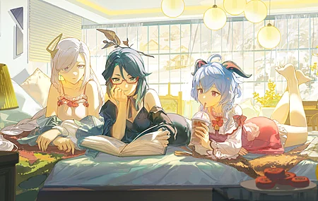 动漫 动漫女孩 睡衣 眼镜 饮料 零食 床 书 灯 阅读 电脑壁纸 4K壁纸