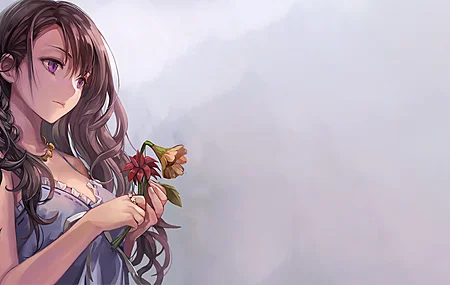 长发 深色头发 紧闭嘴巴 动漫女孩 鲜花 紫色眼睛 简单背景 电脑壁纸 4K壁纸