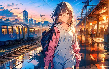 散步 人工智能艺术 火车 火车站 眼镜 背包 兜帽 铁路 傍晚 脸红 电脑壁 纸4K壁纸