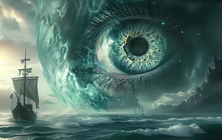 眼睛 AI艺术 超现实 大海 船 波浪 插图 电脑壁纸 4K壁纸