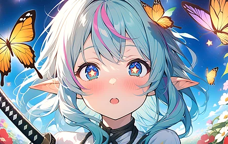 动漫女孩 AI艺术 武士刀 蝴蝶 电脑壁纸 4K壁纸
