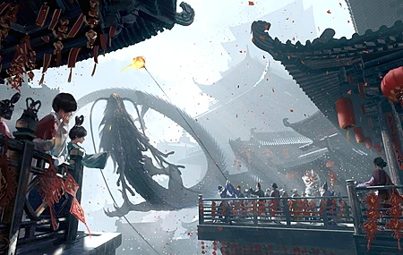 群组 数字艺术 艺术品 插图 奇幻艺术 龙 建筑 中国 节日 中国龙 电脑壁纸 4K壁纸
