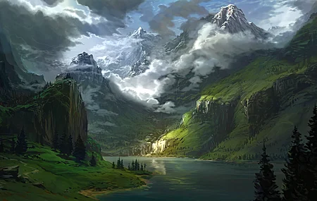 山脉 湖泊 数字艺术 风景 阴影 云 山谷 树木 电脑壁纸 4K壁纸