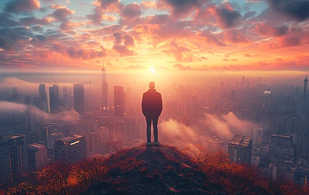 AI艺术 云 插图 傍晚 视点 城市景观 天际线 日出 电脑壁纸 4K壁纸