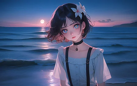 动漫女孩 人工智能艺术 超现实主义 海滩 日落 电脑壁纸 4K壁纸