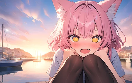 动漫女孩 人工智能艺术 猫耳 尖牙 日落 港口 电脑壁纸 4K壁纸