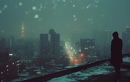 AI艺术 插图 夜晚 视点 城市景观 天际线 屋顶 薄雾 电脑壁纸 4K壁纸