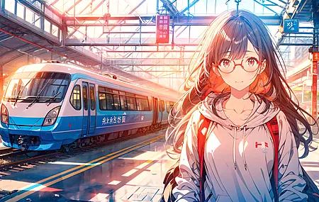 长发 AI艺术 火车 火车站 超宽 眼镜 阳光 遮光罩 电脑用纸 8K纸