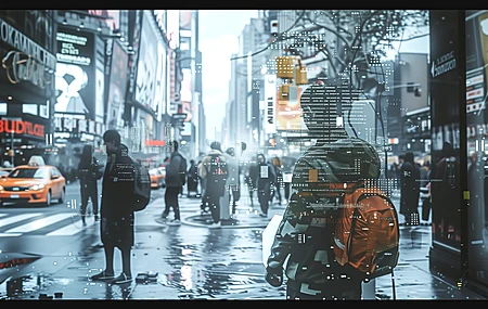 AI艺术 插图 赛博朋克 城市街道 背包 广告牌 电脑壁纸 4K壁纸