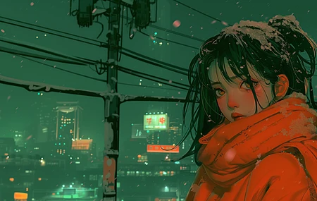 女人 人工智能艺术 橙色 动漫 动漫女孩 围巾 雪 霓虹灯 城市 插图 电脑壁纸 4K壁纸