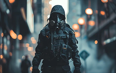 AI艺术 赛伯朋克 城市 街道 防毒面具 烟雾 兜帽 电脑壁纸 4K壁纸
